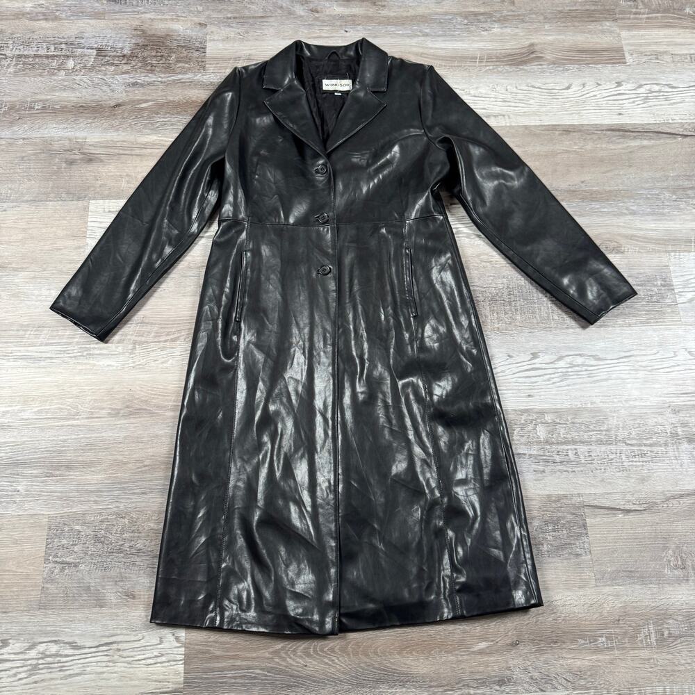 Vintage Y2K Black Faux Leather Trench Coat Long Matrix Goth Moto Duster Fall 16